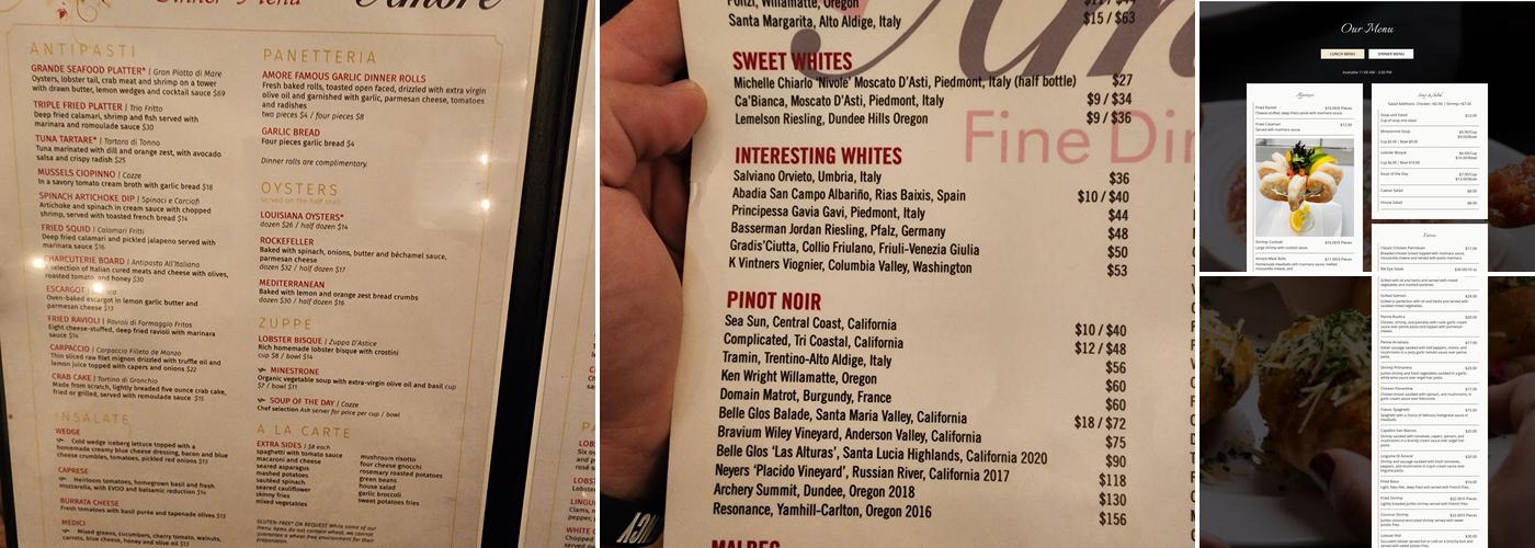 Amore Fine Dining & Spirits Menu