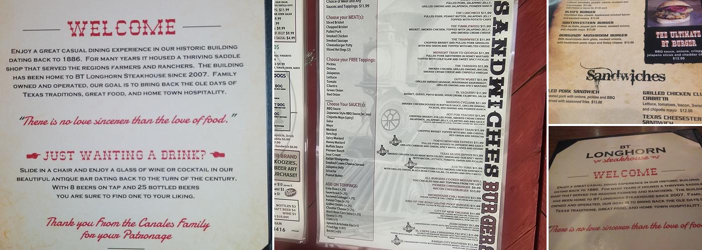 B T Longhorn Saloon Menu