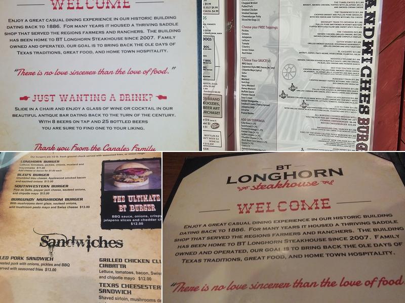 B T Longhorn Saloon Menu