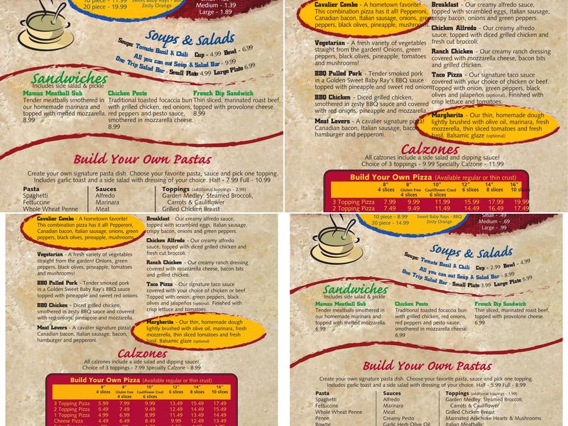 Cavalier Pizza Menu