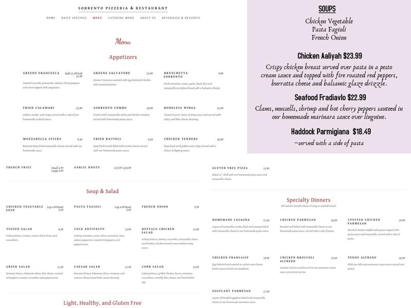 Sorrento Pizzeria Menu