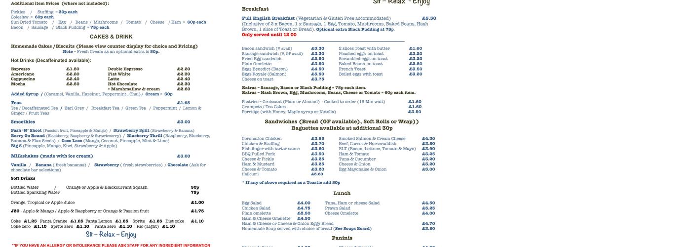 The Aroma Lounge Menu