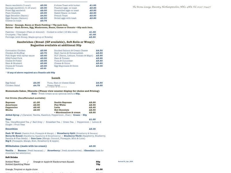 The Aroma Lounge Menu