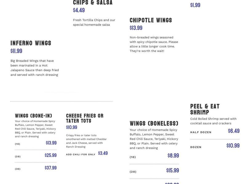 No Frills Grill & Sports Bar - Arlington, TX Menu