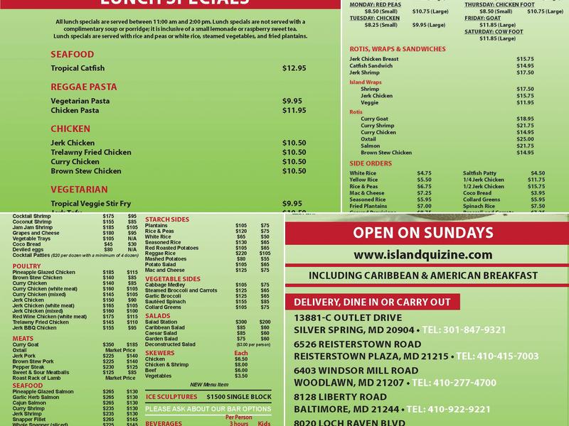 Island Quizine Restaurant & Catering - Woodlawn Menu