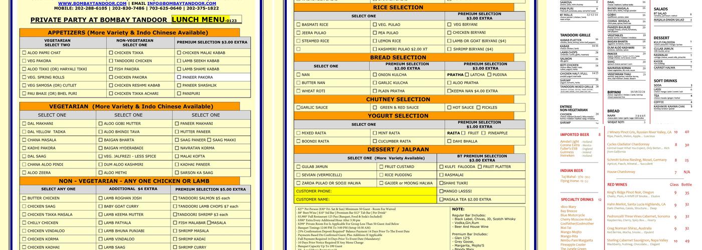 Bombay Tandoor Bar and Grill Menu