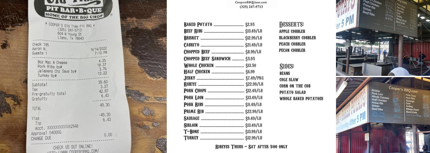 Cooper's Old Time Pit Bar-B-Que Menu