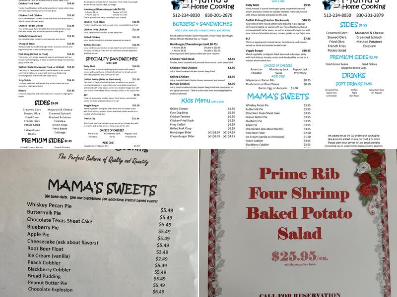 Mama's Home Cooking Menu
