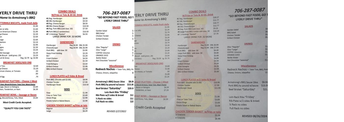 Lyerly Drive Thru Menu