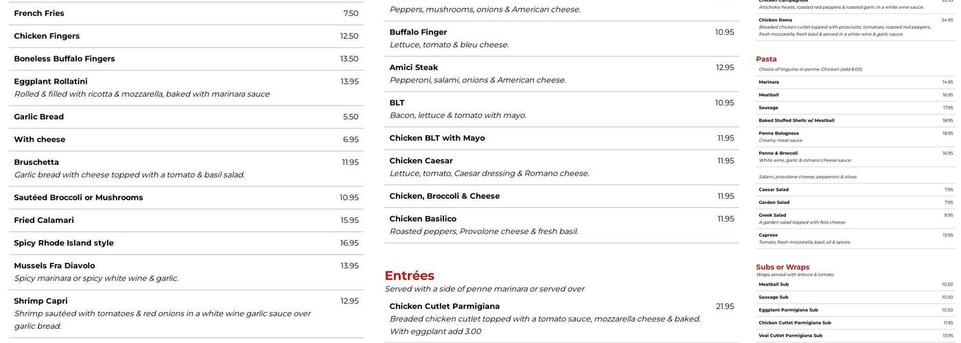 Amici Trattoria Menu