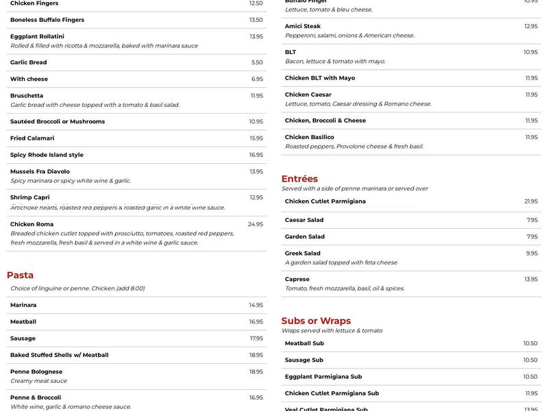 Amici Trattoria Menu