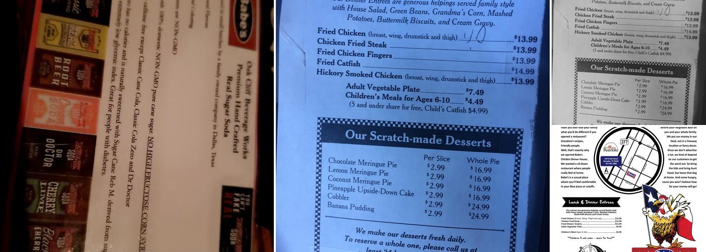 Babe's Chicken Dinner House Menu