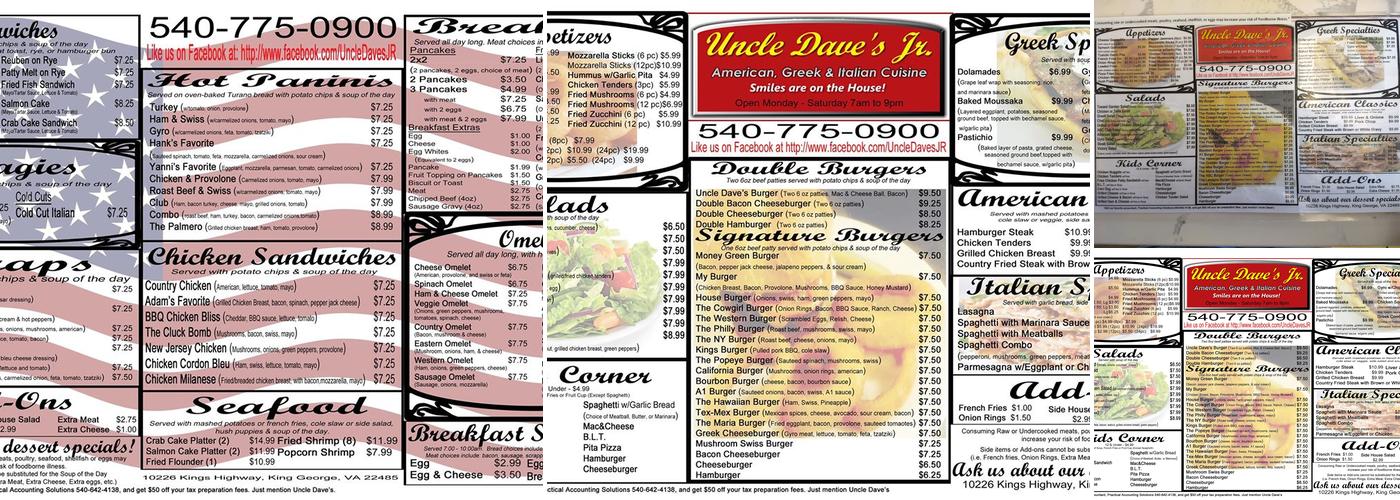 Uncle Dave's Jr. Menu