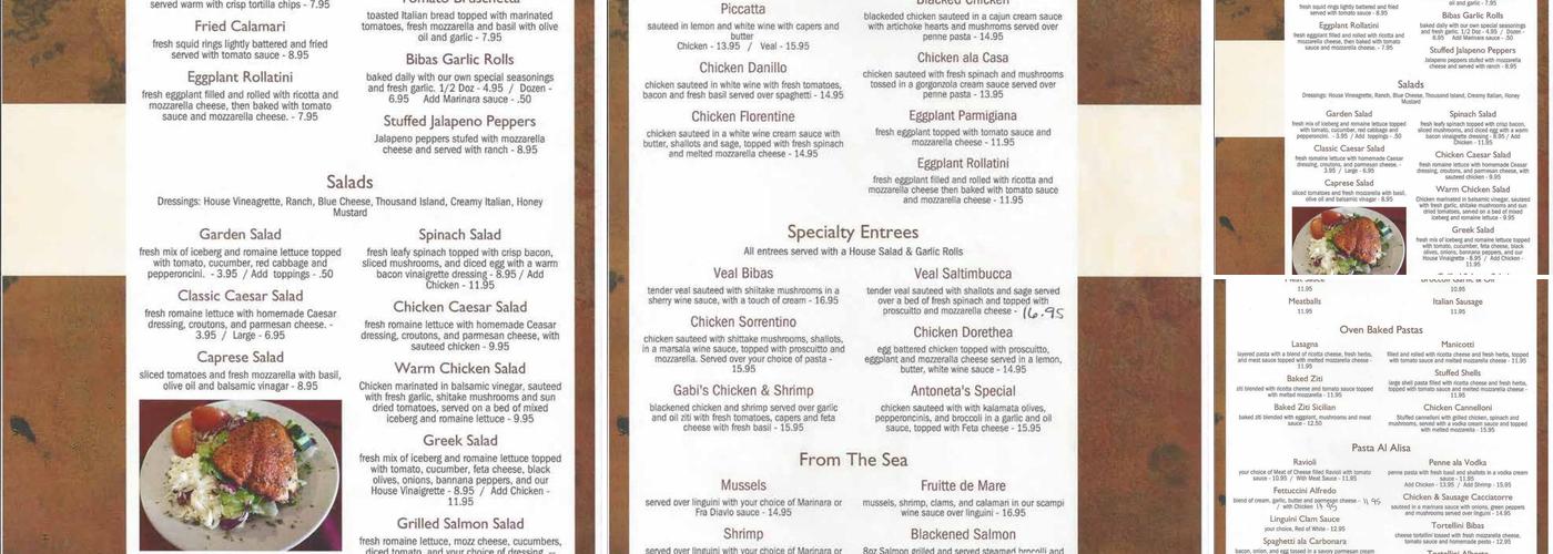 Antoneta Biba's Pizza & Pasta Menu