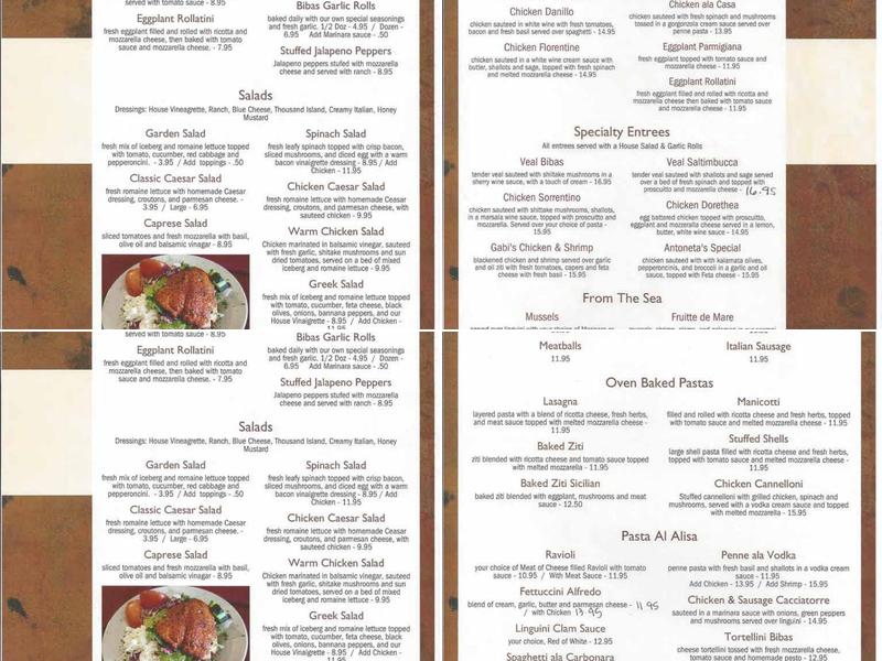 Antoneta Biba's Pizza & Pasta Menu
