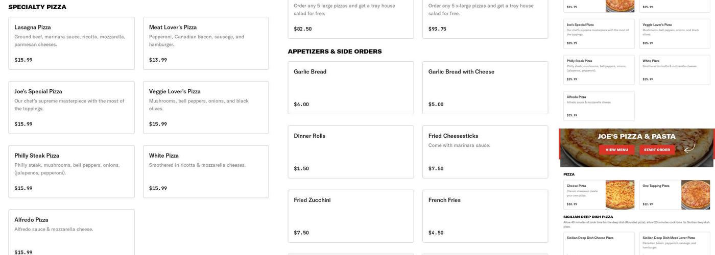 Joe's Pizza Pasta Menu