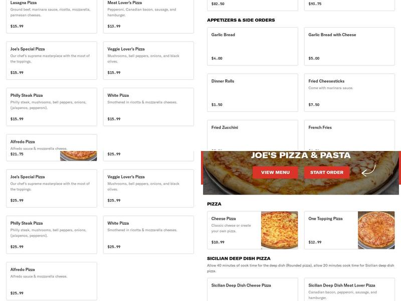 Joe's Pizza Pasta Menu