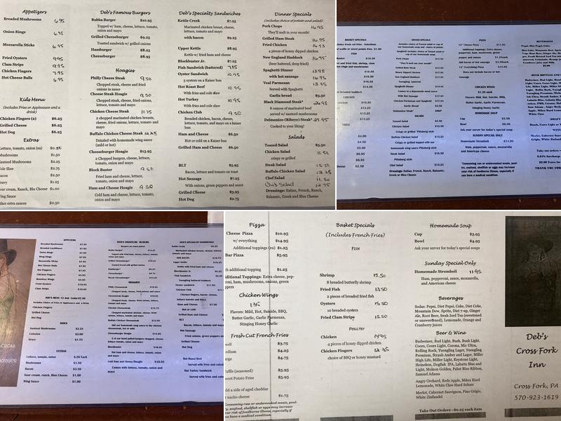 Deb's Cross Fork Inn Menu