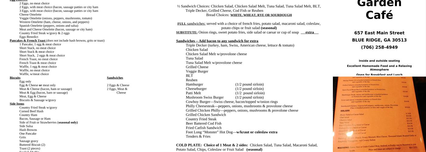 Serenity Garden Cafe Menu