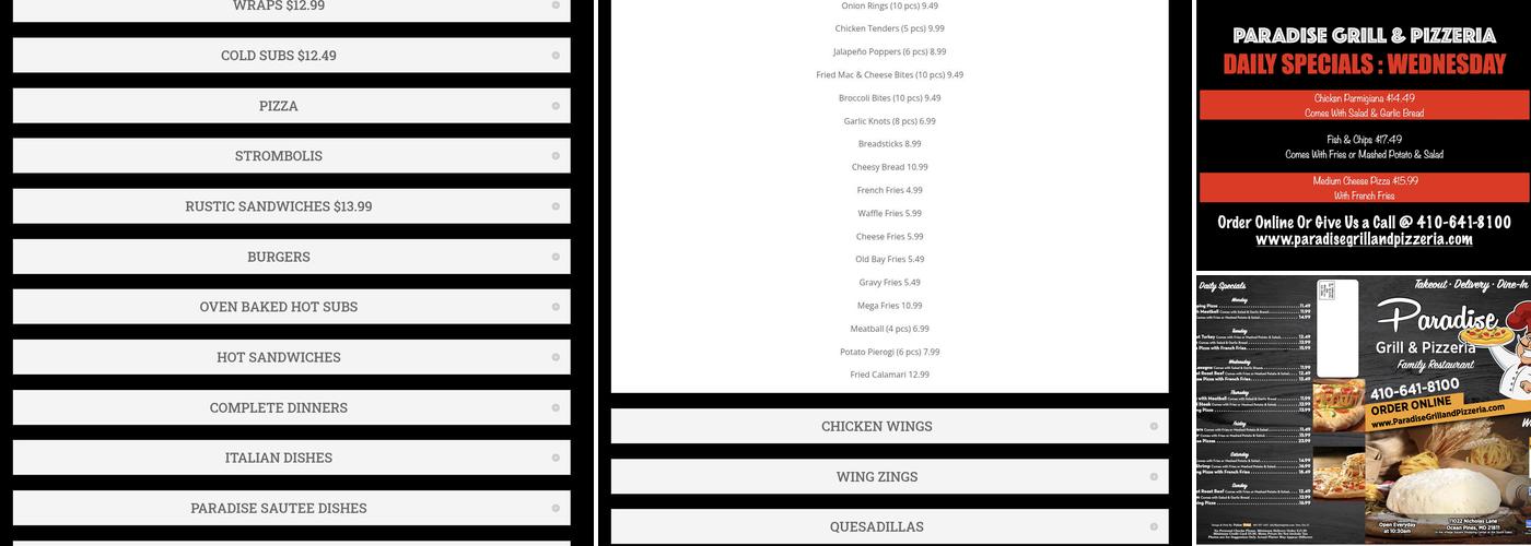 Paradise Grill And Pizzeria Menu