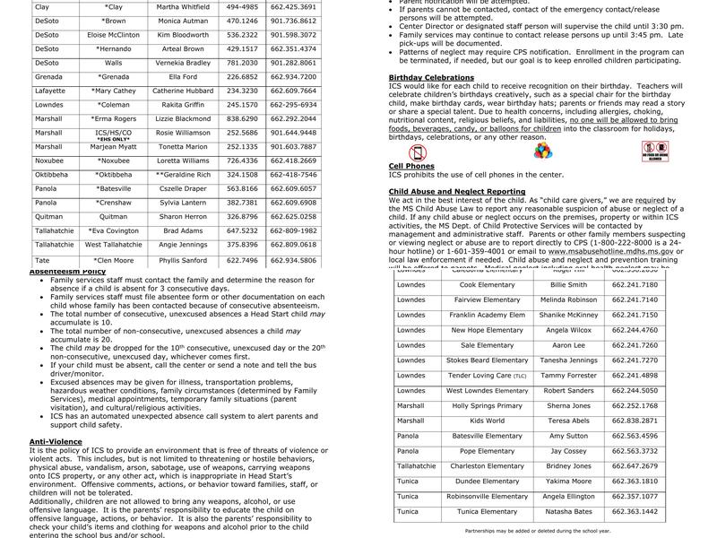ICS Headstart Holly Springs Menu