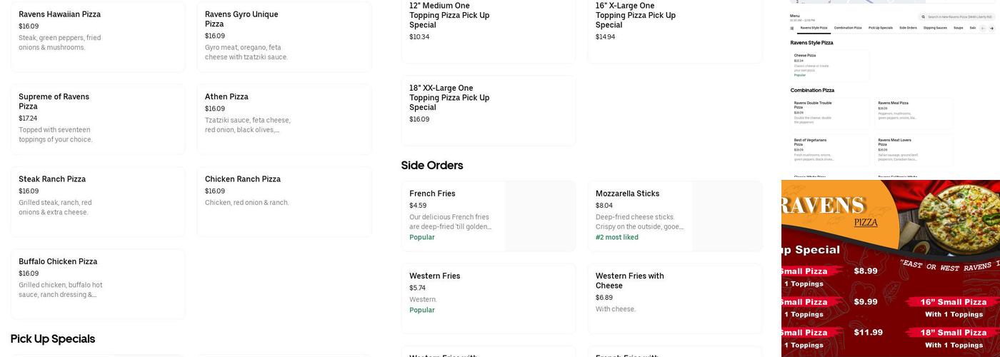 New Ravens Pizza Menu