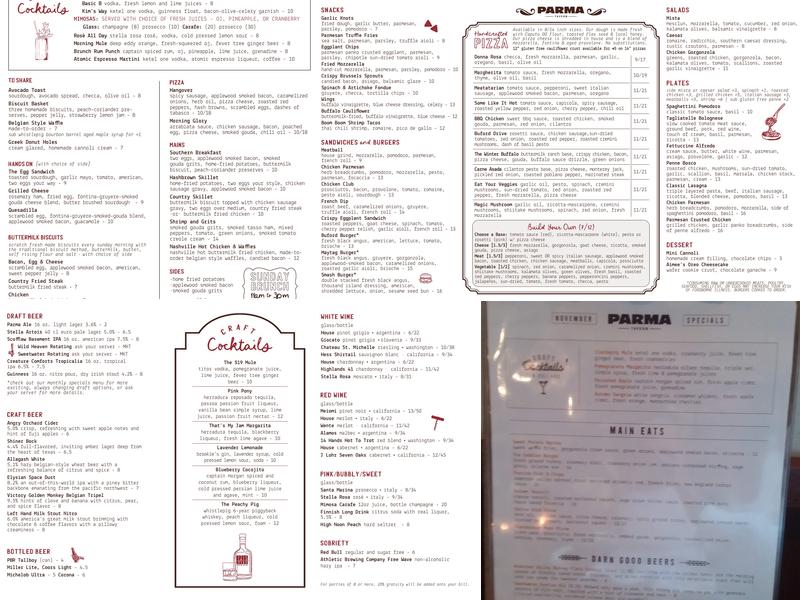 Parma Tavern Menu