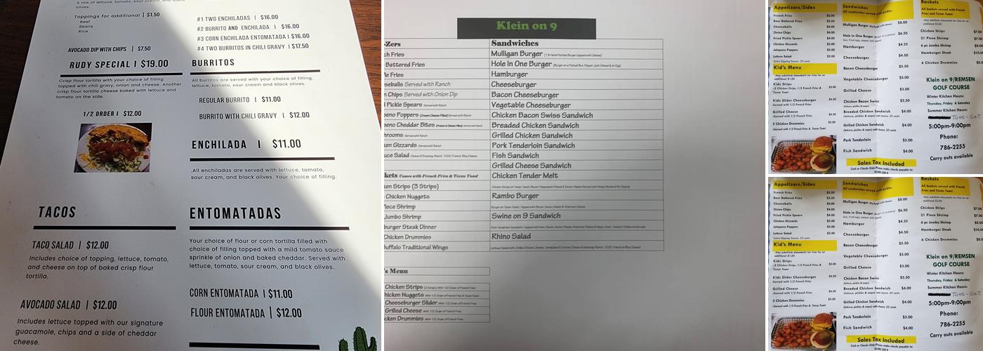 Klein On 9 Menu
