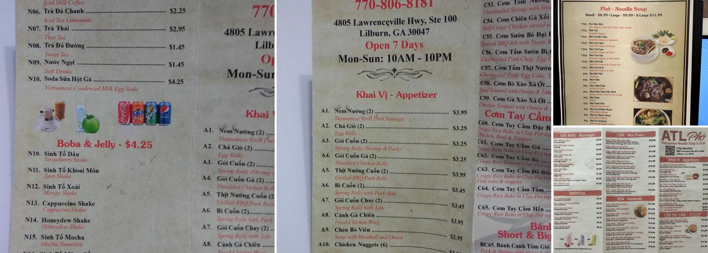 ATL Pho Menu