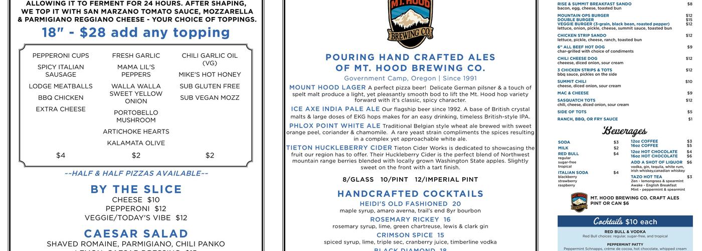 Cascade Dining Room Menu