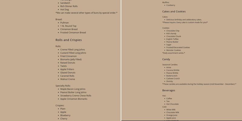 Gary's Bakery Menu