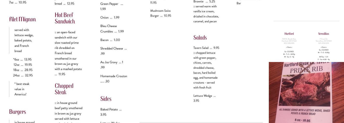 Hartford Steak Co. Tavern Menu