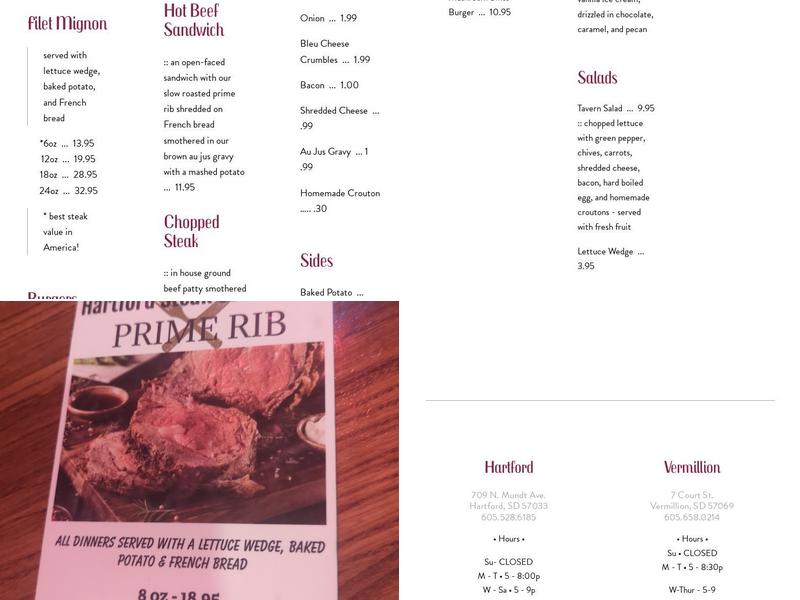 Hartford Steak Co. Tavern Menu