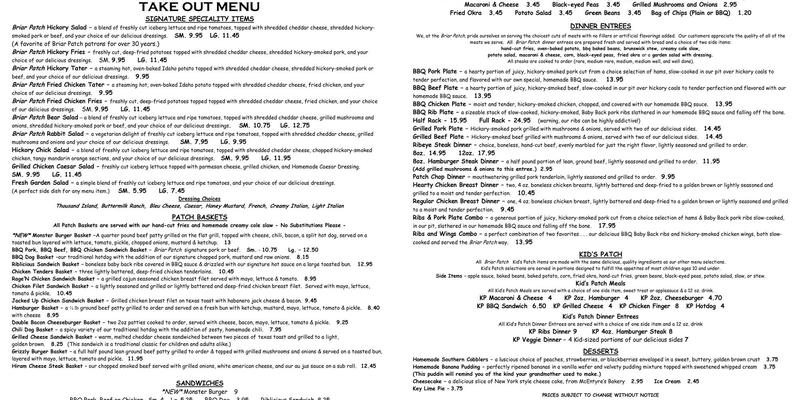 Briar Patch Bar B Que Menu