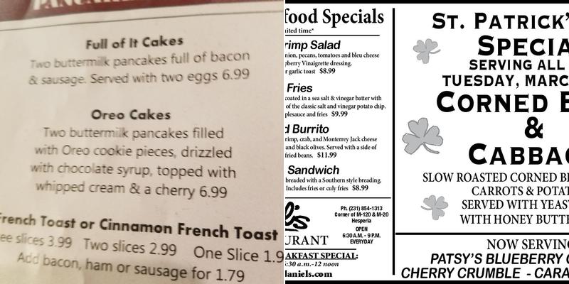 Daniels Restaurant Menu