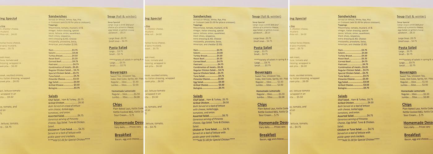 Sandwiche Shoppe Menu