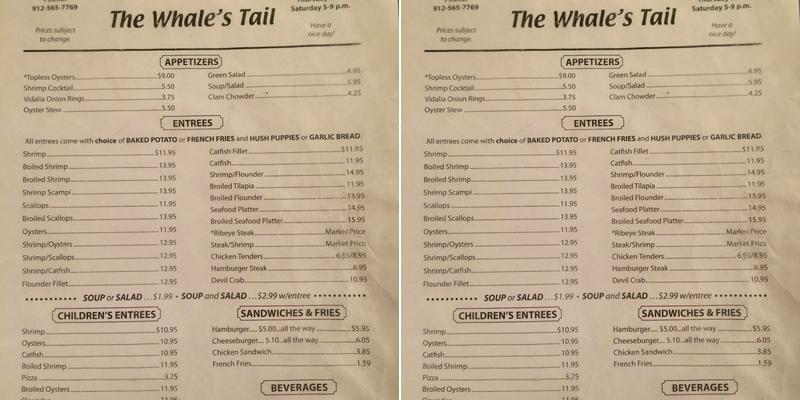 Whales Tail Restaurant Menu