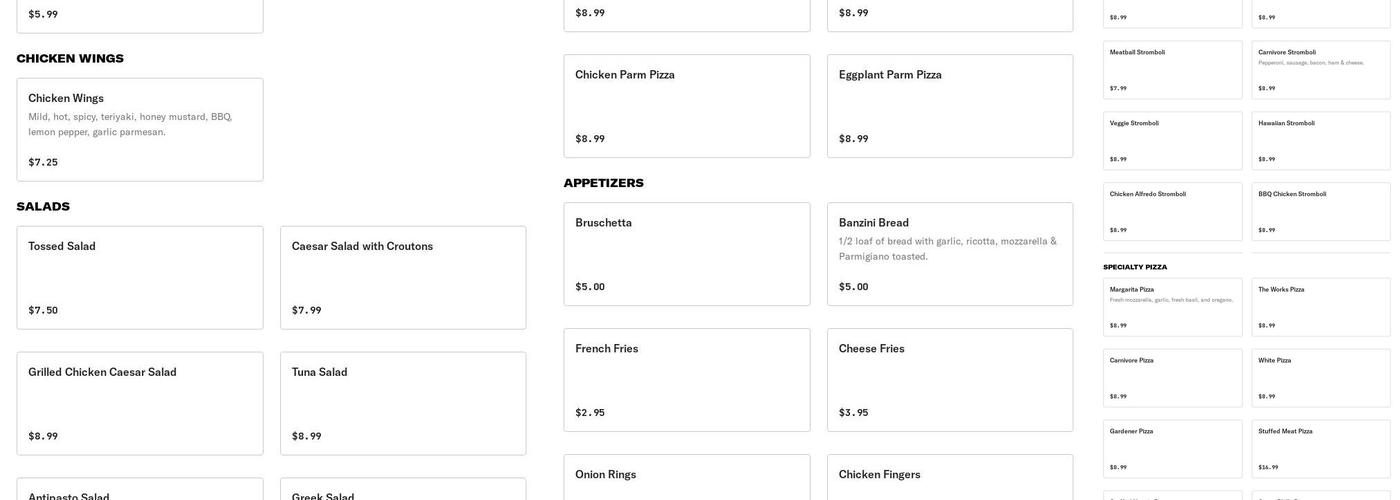 Castillo's Pizzeria Menu