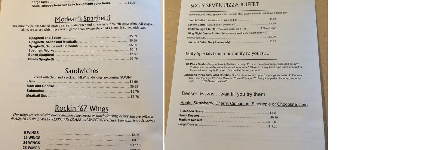 Sixty Seven Pizza Co. Menu