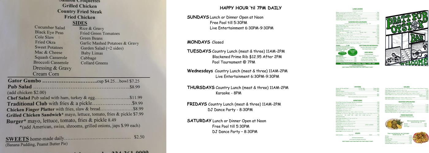 Pratt Pub & Oyster Bar Menu