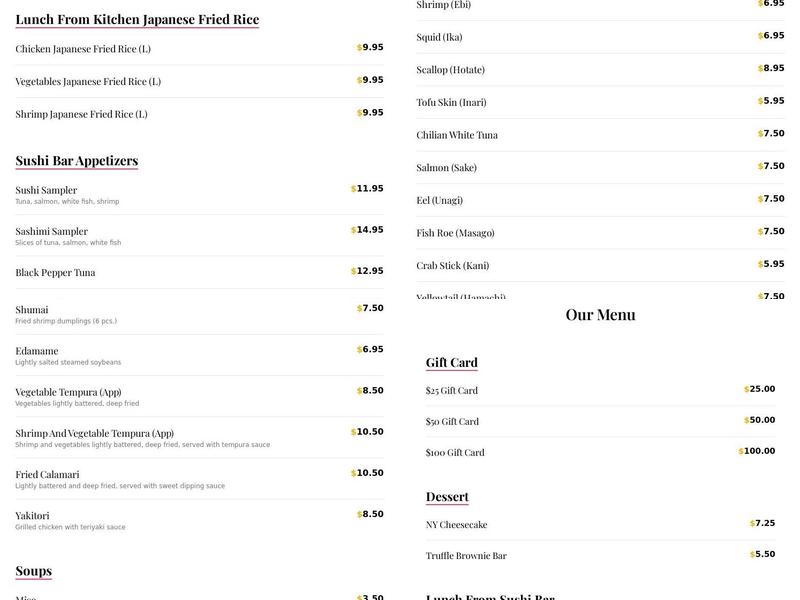 Oishi Japanese Cuisine Menu