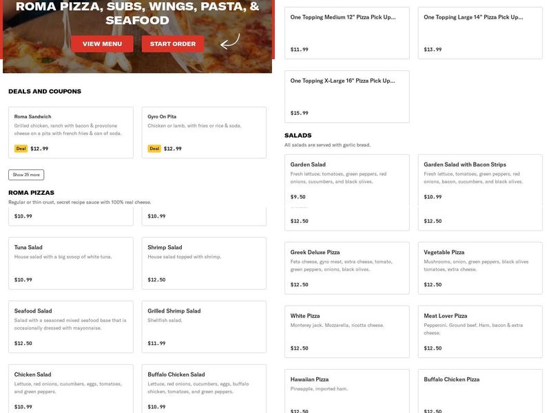 Roma Pizza, Subs, Wings, Pasta, and Seafood Menu