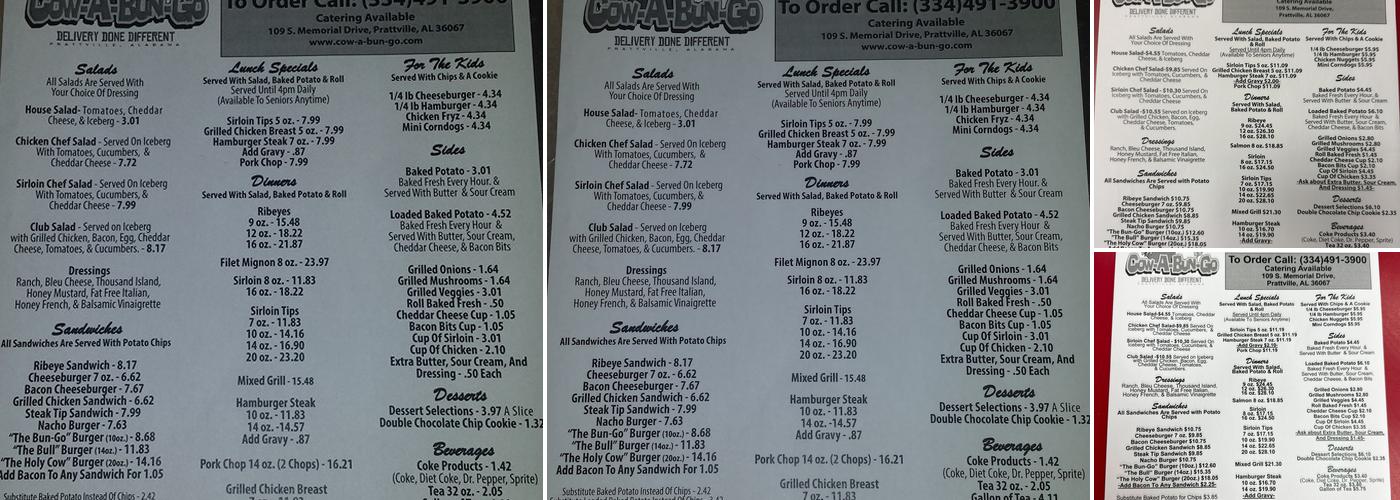 Cow-A-Bun-Go Menu