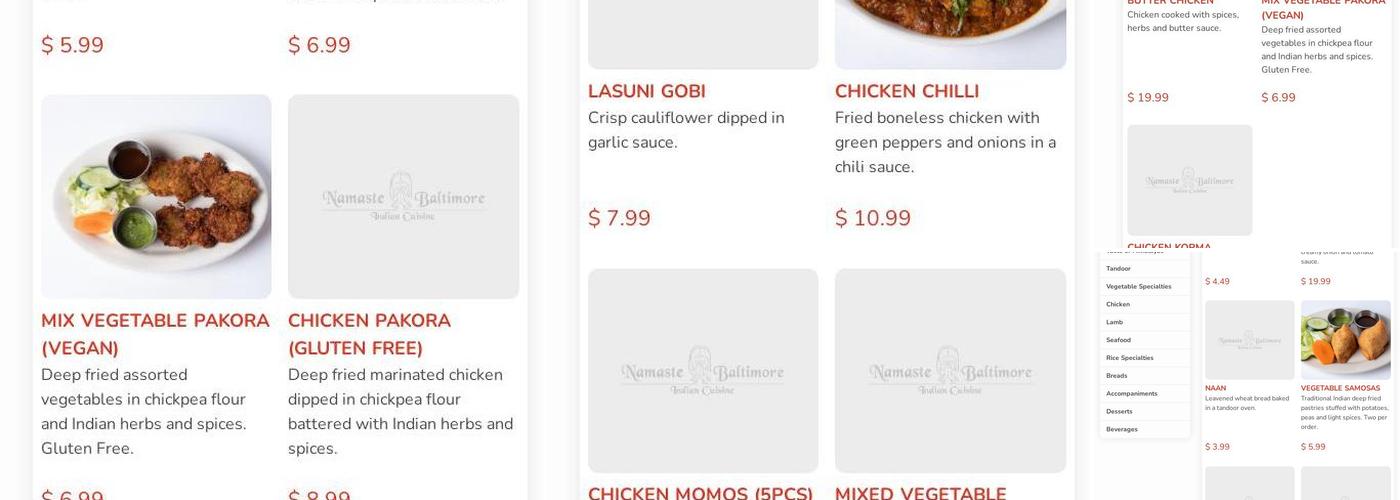 Namaste Baltimore Menu