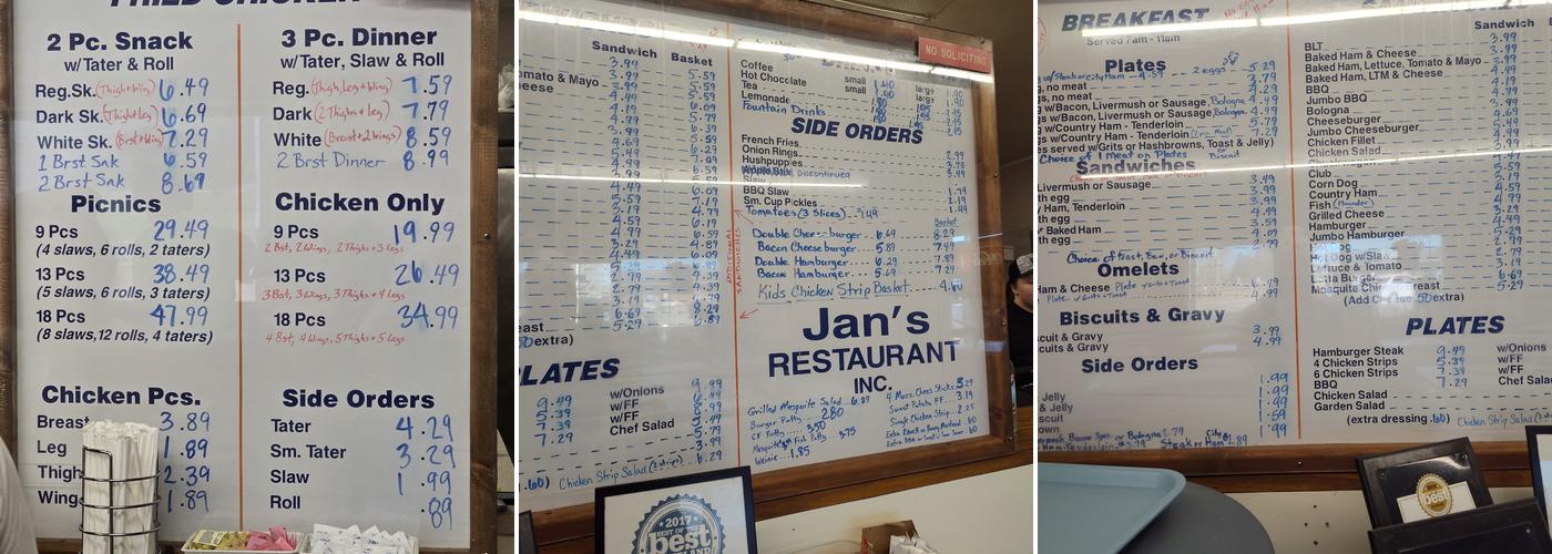 Jan's Restaurant Menu