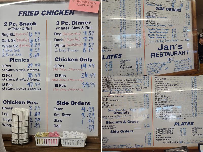 Jan's Restaurant Menu