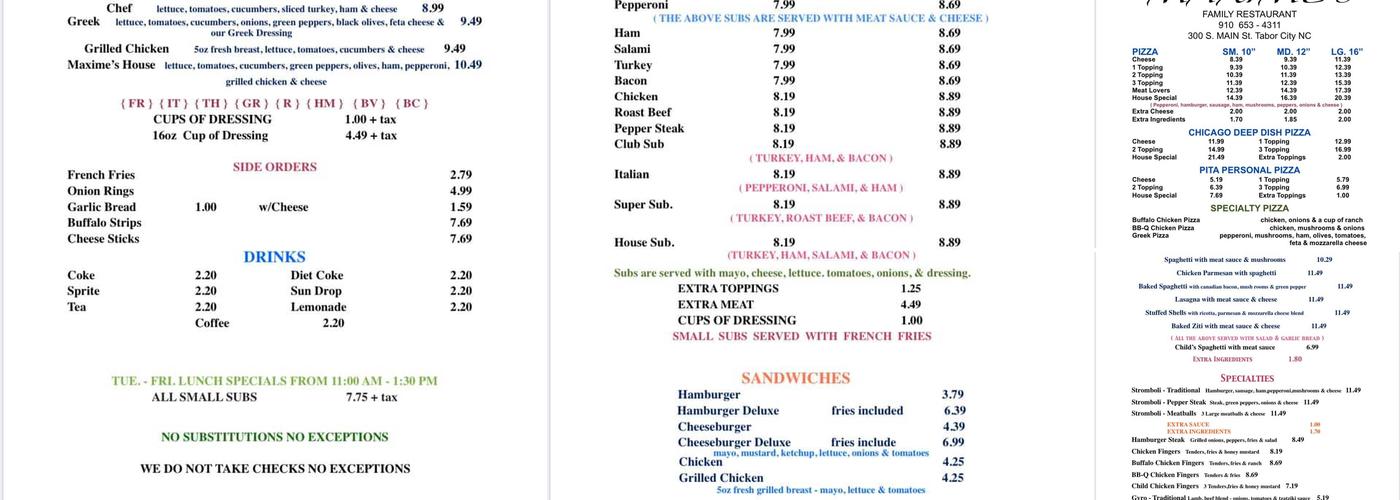 Maxime's Restaurant Menu