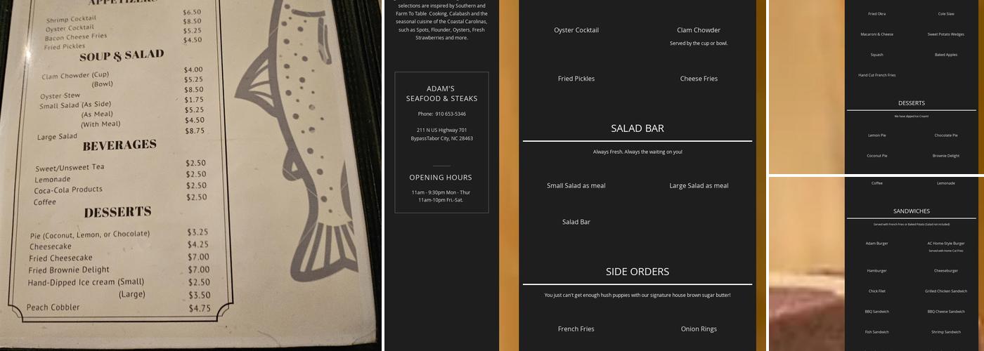 Adam's Seafood and Steaks Menu