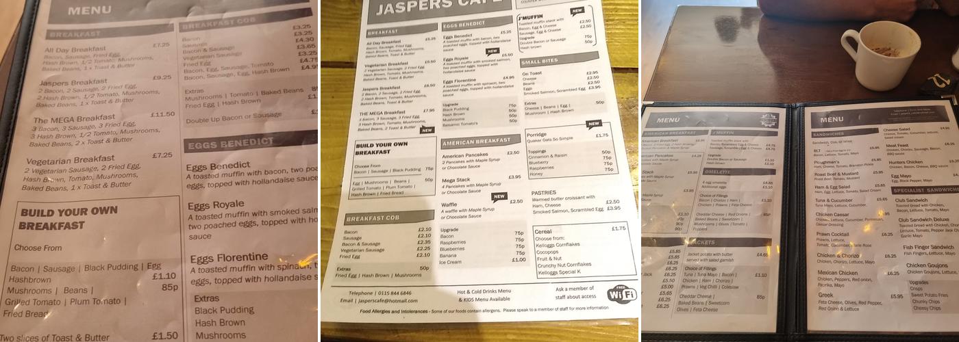 Jaspers Cafe Menu