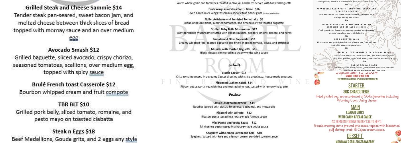 The Barrel Room Kitchen + Bar Menu